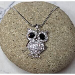 Large Sparkly Owl Necklace White Gold Plated Pendant with Crystals
